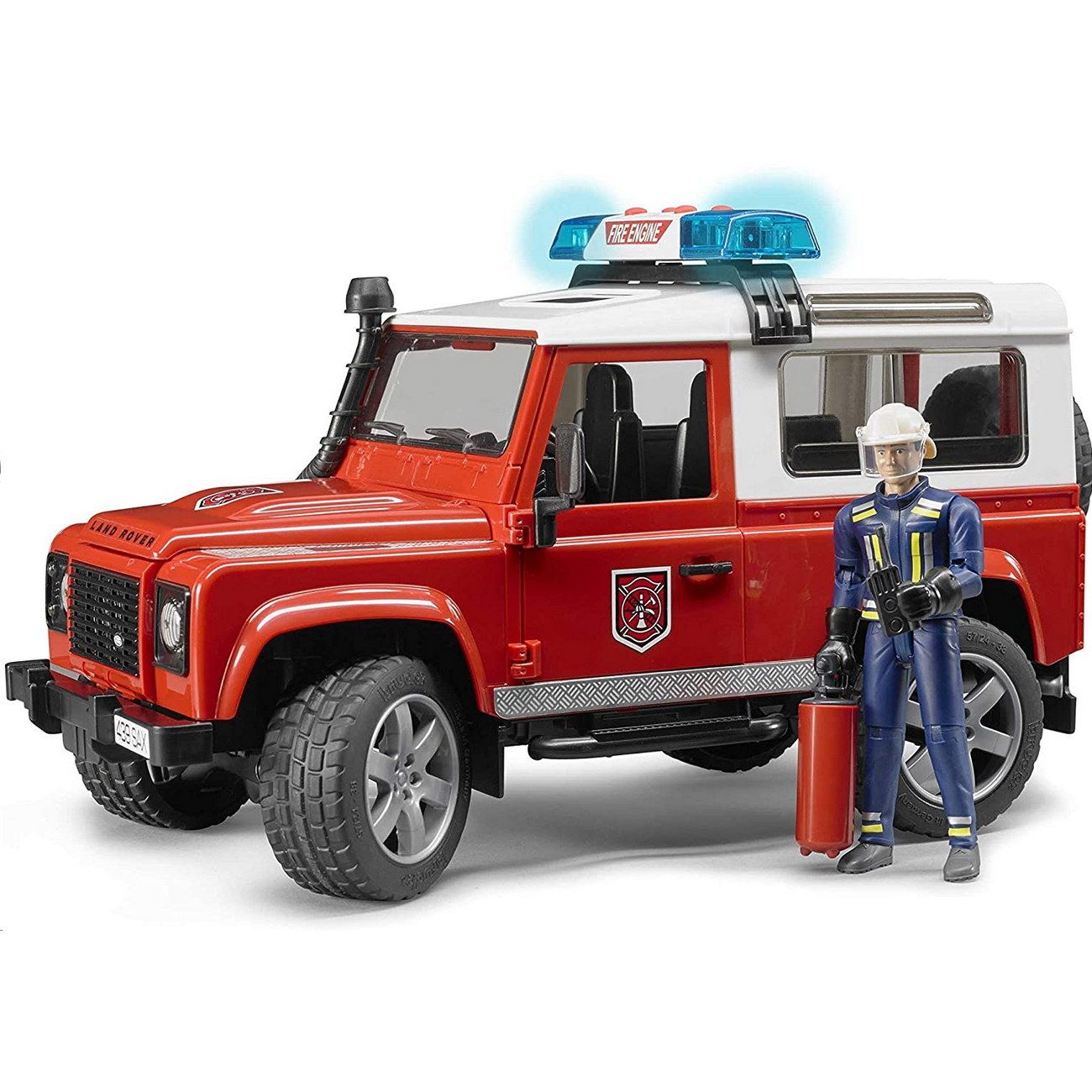 BRUDER 02596 - Land Rover Defender Feuerwehr Einsatzwagen mit Feuerwehrmann